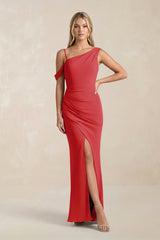 One - Shoulder Sheath Ruched Bridesmaid Dress With Slit in Ruby Red - KissProm Bridesmaid Dresses