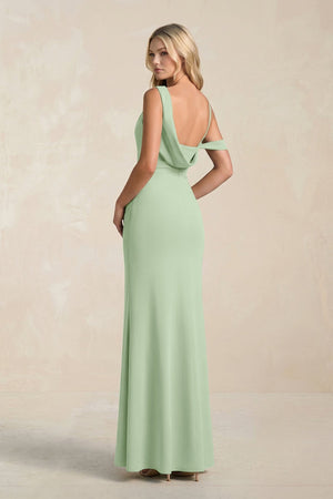 One - Shoulder Sheath Ruched Bridesmaid Dress With Slit in Sage - KissProm Bridesmaid Dresses