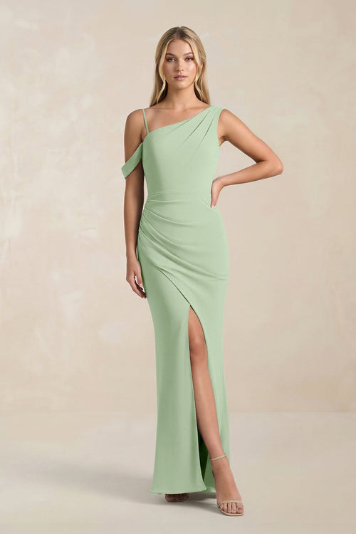 One - Shoulder Sheath Ruched Bridesmaid Dress With Slit in Sage - KissProm Bridesmaid Dresses