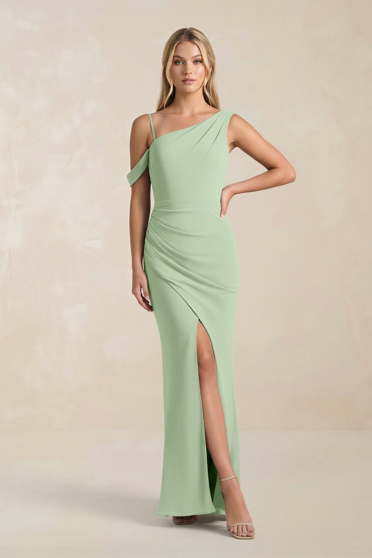 sage green one sleeve ruched woven bodycon dress KissProm One-Shoulder Sheath Bridesmaid With Slit in Sage, / 22 Velvet Colors:Purple 819 see through Bec & Bridge Ren This one
