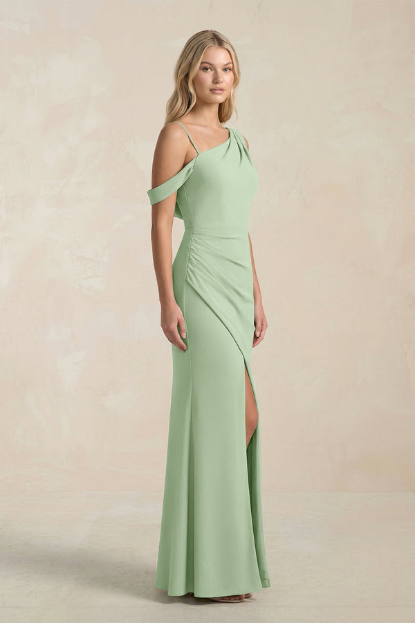 One - Shoulder Sheath Ruched Bridesmaid Dress With Slit in Sage - KissProm Bridesmaid Dresses