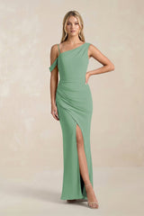 One - Shoulder Sheath Ruched Bridesmaid Dress With Slit in Sea Glass - KissProm Bridesmaid Dresses