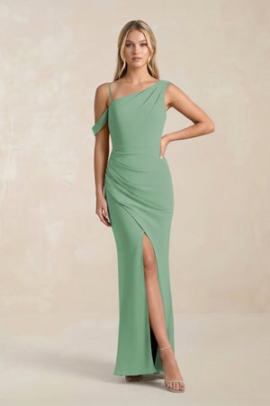 One - Shoulder Sheath Ruched Bridesmaid Dress With Slit in Sea Glass - KissProm Bridesmaid Dresses
