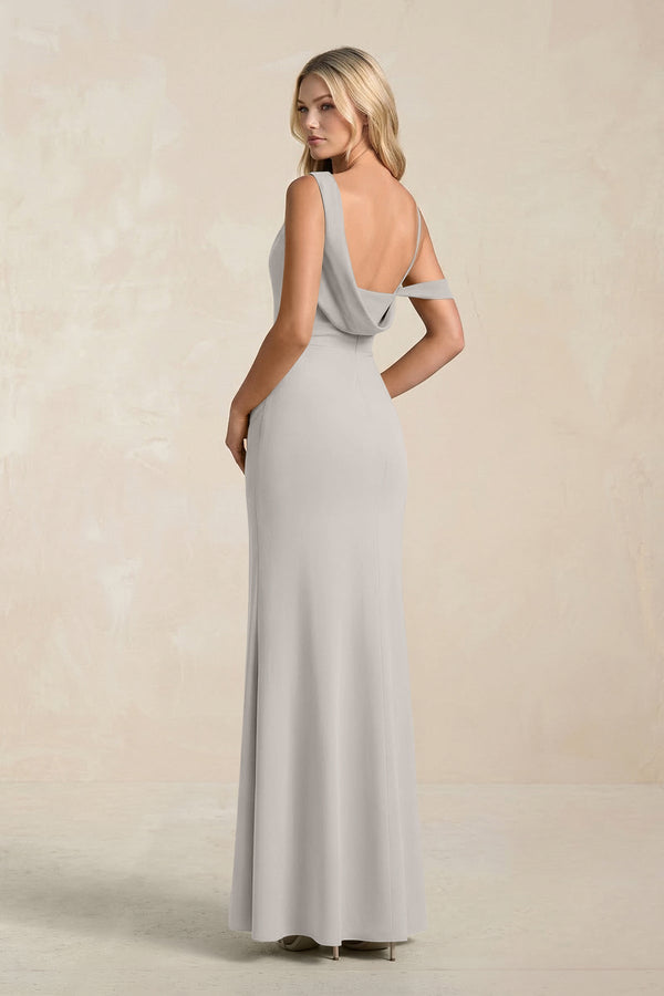One - Shoulder Sheath Ruched Bridesmaid Dress With Slit in Silver - KissProm Bridesmaid Dresses