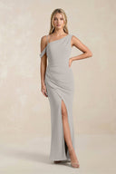 One - Shoulder Sheath Ruched Bridesmaid Dress With Slit in Silver - KissProm Bridesmaid Dresses
