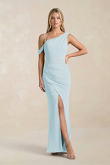 One - Shoulder Sheath Ruched Bridesmaid Dress With Slit in Sky Blue - KissProm Bridesmaid Dresses