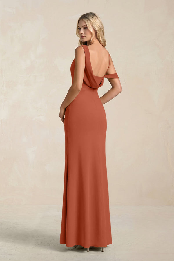 One - Shoulder Sheath Ruched Bridesmaid Dress With Slit in Spice - KissProm Bridesmaid Dresses