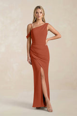 One - Shoulder Sheath Ruched Bridesmaid Dress With Slit in Spice - KissProm Bridesmaid Dresses