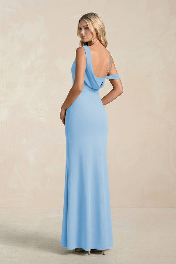One - Shoulder Sheath Ruched Bridesmaid Dress With Slit in Steel Blue - KissProm Bridesmaid Dresses