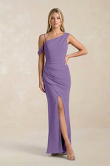 One - Shoulder Sheath Ruched Bridesmaid Dress With Slit in Tahiti - KissProm Bridesmaid Dresses