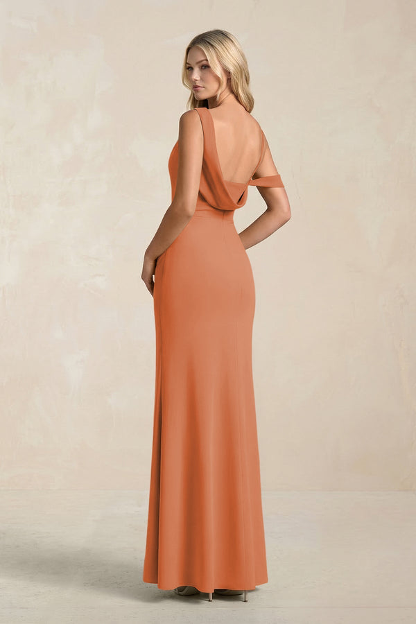 One - Shoulder Sheath Ruched Bridesmaid Dress With Slit in Terracotta - KissProm Bridesmaid Dresses