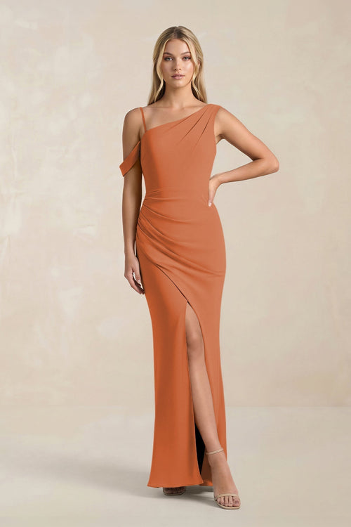 One - Shoulder Sheath Ruched Bridesmaid Dress With Slit in Terracotta - KissProm Bridesmaid Dresses