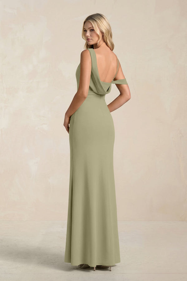 One - Shoulder Sheath Ruched Bridesmaid Dress With Slit in Thyme - KissProm Bridesmaid Dresses