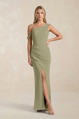 One - Shoulder Sheath Ruched Bridesmaid Dress With Slit in Thyme - KissProm Bridesmaid Dresses