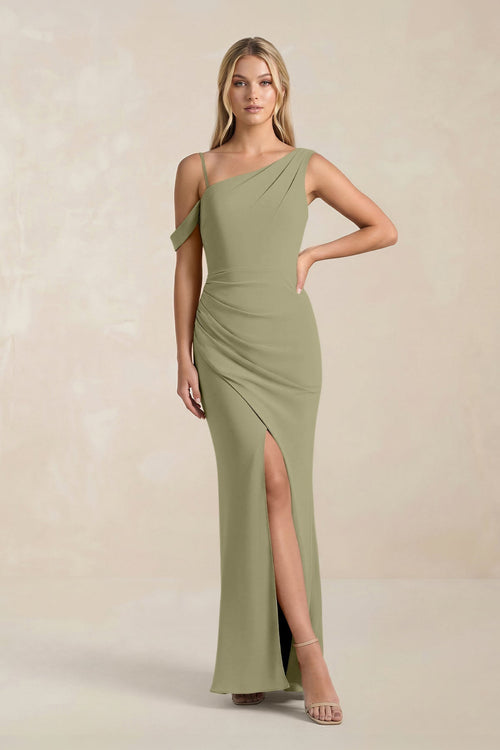 One - Shoulder Sheath Ruched Bridesmaid Dress With Slit in Thyme - KissProm Bridesmaid Dresses