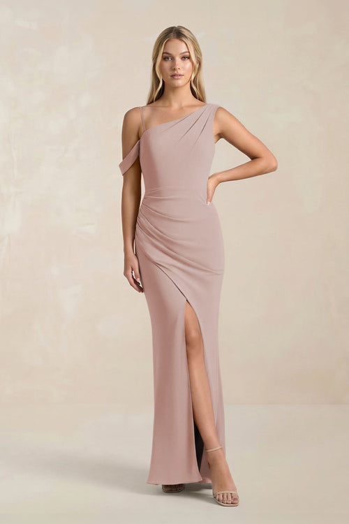 One - Shoulder Sheath Ruched Bridesmaid Dress With Slit in Toffee - KissProm Bridesmaid Dresses
