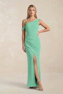One - Shoulder Sheath Ruched Bridesmaid Dress With Slit in Turquoise - KissProm Bridesmaid Dresses