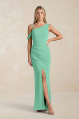 One - Shoulder Sheath Ruched Bridesmaid Dress With Slit in Turquoise - KissProm Bridesmaid Dresses