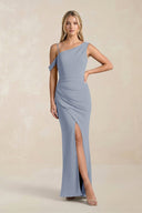 One - Shoulder Sheath Ruched Bridesmaid Dress With Slit in Twilight - KissProm Bridesmaid Dresses