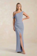 One - Shoulder Sheath Ruched Bridesmaid Dress With Slit in Twilight - KissProm Bridesmaid Dresses