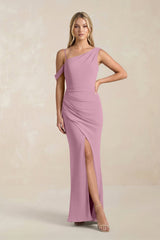 One - Shoulder Sheath Ruched Bridesmaid Dress With Slit in Vintage Mauve - KissProm Bridesmaid Dresses