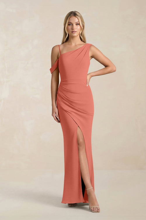 One - Shoulder Sheath Ruched Bridesmaid Dress With Slit in Wild Rose - KissProm Bridesmaid Dresses