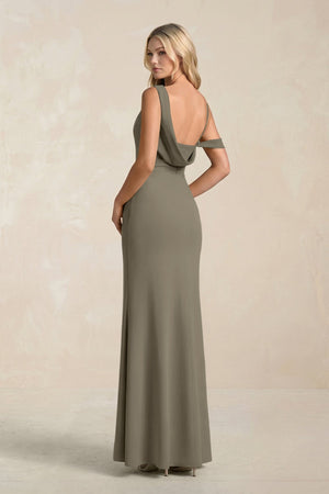 One - Shoulder Sheath Ruched Bridesmaid Dress With Slit in Willow Green - KissProm Bridesmaid Dresses