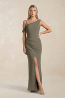 One - Shoulder Sheath Ruched Bridesmaid Dress With Slit in Willow Green - KissProm Bridesmaid Dresses