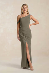 One - Shoulder Sheath Ruched Bridesmaid Dress With Slit in Willow Green - KissProm Bridesmaid Dresses