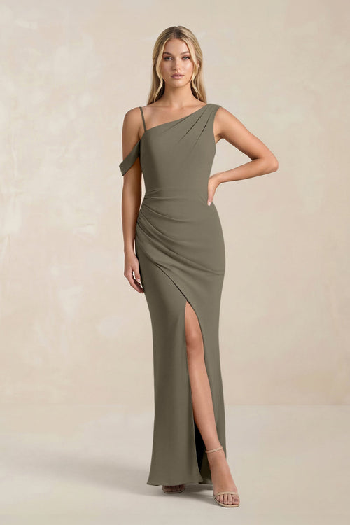 One - Shoulder Sheath Ruched Bridesmaid Dress With Slit in Willow Green - KissProm Bridesmaid Dresses