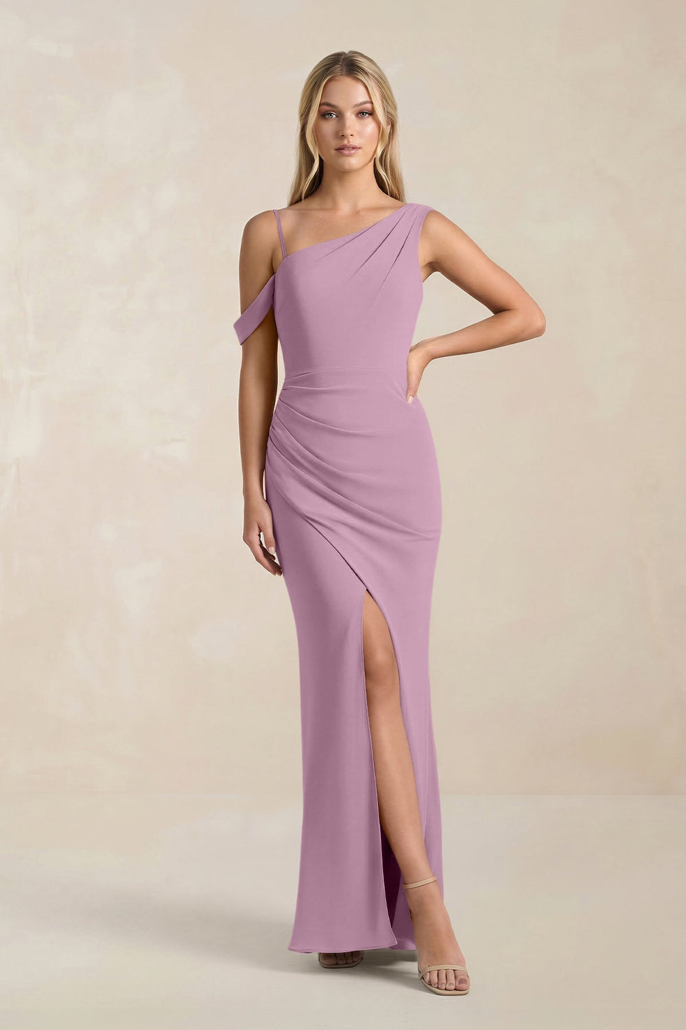 One - Shoulder Sheath Ruched Bridesmaid Dress With Slit in Wisteria - KissProm Bridesmaid Dresses