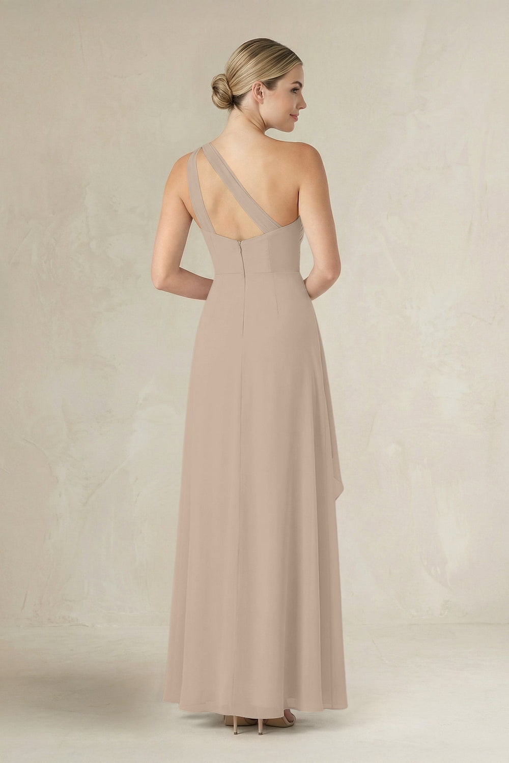 One - Shoulder Sheath Ruched Ruffled Bridesmaid Dress in Almond - KissProm Bridesmaid Dresses