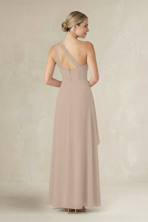 One - Shoulder Sheath Ruched Ruffled Bridesmaid Dress in Almond - KissProm Bridesmaid Dresses