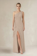 One - Shoulder Sheath Ruched Ruffled Bridesmaid Dress in Almond - KissProm Bridesmaid Dresses