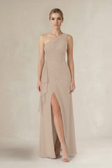 One - Shoulder Sheath Ruched Ruffled Bridesmaid Dress in Almond - KissProm Bridesmaid Dresses