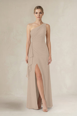 One - Shoulder Sheath Ruched Ruffled Bridesmaid Dress in Almond - KissProm Bridesmaid Dresses