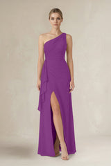 One - Shoulder Sheath Ruched Ruffled Bridesmaid Dress in Amethyst - KissProm Bridesmaid Dresses