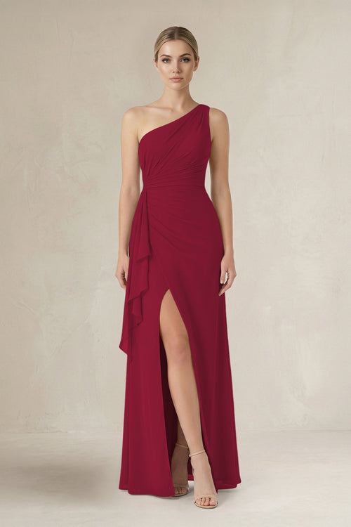 One - Shoulder Sheath Ruched Ruffled Bridesmaid Dress in Berry - KissProm Bridesmaid Dresses