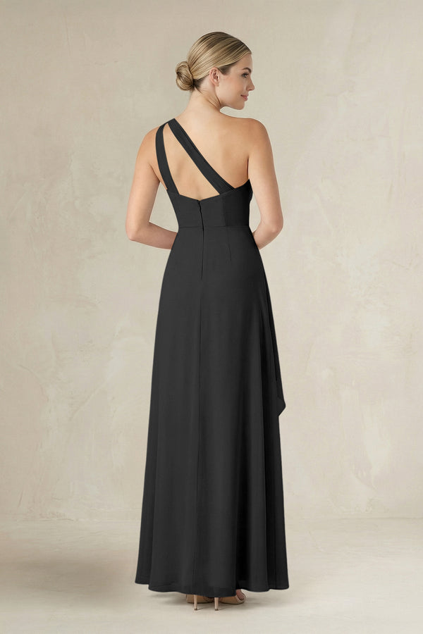 One - Shoulder Sheath Ruched Ruffled Bridesmaid Dress in Black - KissProm Bridesmaid Dresses