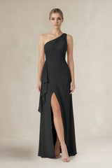 One - Shoulder Sheath Ruched Ruffled Bridesmaid Dress in Black - KissProm Bridesmaid Dresses
