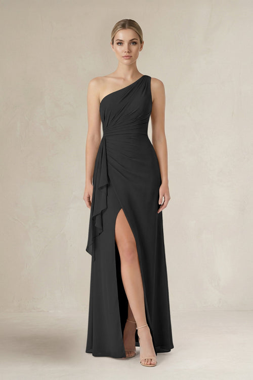 One - Shoulder Sheath Ruched Ruffled Bridesmaid Dress in Black - KissProm Bridesmaid Dresses