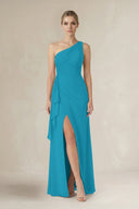 One - Shoulder Sheath Ruched Ruffled Bridesmaid Dress in Blue Jay - KissProm Bridesmaid Dresses