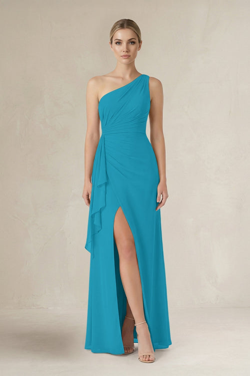 One - Shoulder Sheath Ruched Ruffled Bridesmaid Dress in Blue Jay - KissProm Bridesmaid Dresses