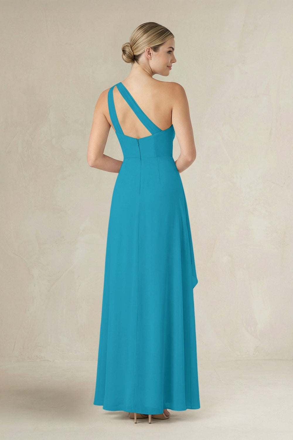 One - Shoulder Sheath Ruched Ruffled Bridesmaid Dress in Blue Jay - KissProm Bridesmaid Dresses