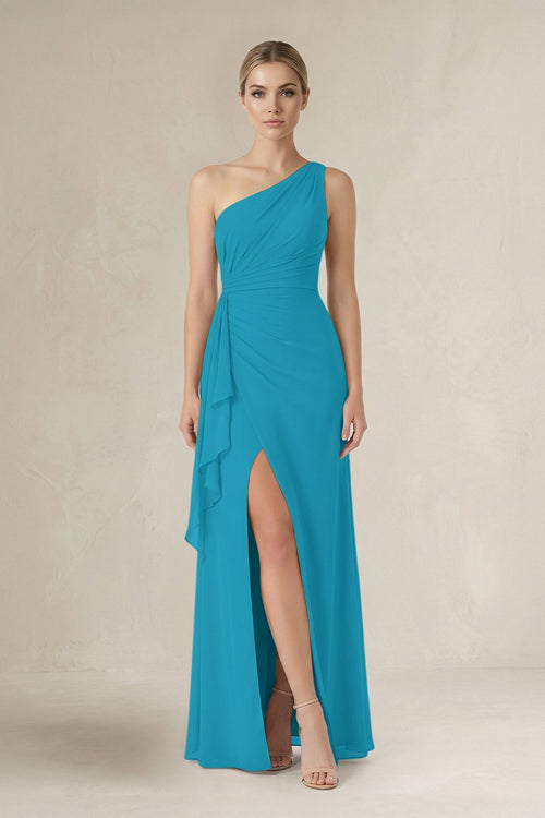 One - Shoulder Sheath Ruched Ruffled Bridesmaid Dress in Blue Jay - KissProm Bridesmaid Dresses