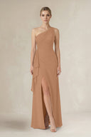 One - Shoulder Sheath Ruched Ruffled Bridesmaid Dress in Bronzer - KissProm Bridesmaid Dresses