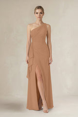 One - Shoulder Sheath Ruched Ruffled Bridesmaid Dress in Bronzer - KissProm Bridesmaid Dresses