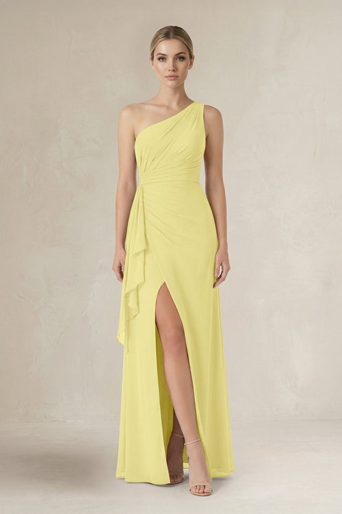 One - Shoulder Sheath Ruched Ruffled Bridesmaid Dress in Buttercup - KissProm Bridesmaid Dresses