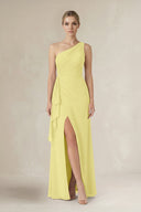 One - Shoulder Sheath Ruched Ruffled Bridesmaid Dress in Buttercup - KissProm Bridesmaid Dresses