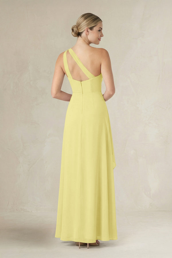 One - Shoulder Sheath Ruched Ruffled Bridesmaid Dress in Buttercup - KissProm Bridesmaid Dresses